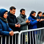 Border Control & Uncertainty**

Prompt: "A long line of diverse people waiting at a French border checkpoint, fully clothed, modest attire, luggage piled high, rainy weather, gray sky, hinting at anxiety and uncertainty, safe for work, appropriate content, professional photograph, realistic, perfect anatomy, natural proportions, well-formed hands, proper finger count, professional"

**