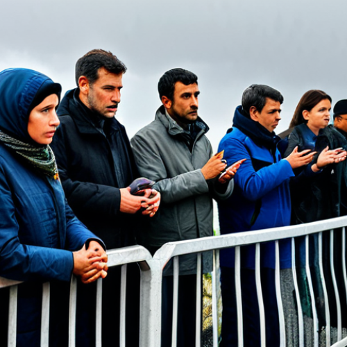 Home 14 Border Control & Uncertainty**
Prompt: "A long line of diverse people waiting at a French border checkpoint, fully clothed, modest attire, luggage piled high, rainy weather, gray sky, hinting at anxiety and uncertainty, safe for work, appropriate content, professional photograph, realistic, perfect anatomy, natural proportions, well-formed hands, proper finger count, professional"
**