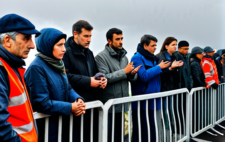 Border Control & Uncertainty**

Prompt: "A long line of diverse people waiting at a French border checkpoint, fully clothed, modest attire, luggage piled high, rainy weather, gray sky, hinting at anxiety and uncertainty, safe for work, appropriate content, professional photograph, realistic, perfect anatomy, natural proportions, well-formed hands, proper finger count, professional"

**