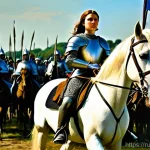 프랑스와 영국의 백년전쟁 개요 - **Prompt: Joan of Arc leading French forces at Orléans**
A powerful and inspiring image of Joan ...