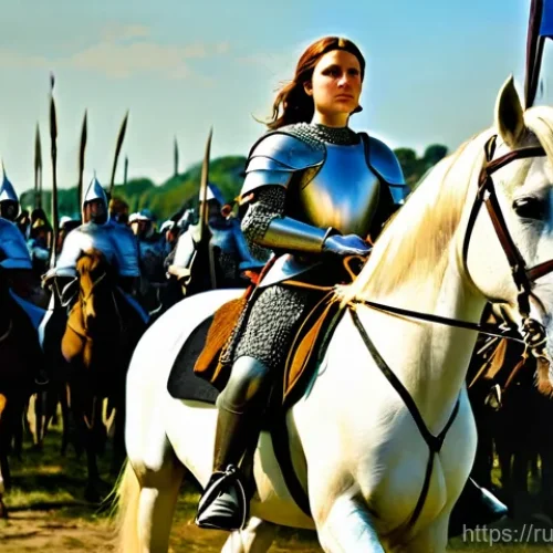 Home 16 프랑스와 영국의 백년전쟁 개요 - **Prompt: Joan of Arc leading French forces at Orléans**
A powerful and inspiring image of Joan ...