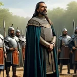 프랑스 왕조 계보 및 특징 - **Prompt:** A majestic depiction of Clovis I, a Merovingian king, standing amidst a gathering of Fra...
