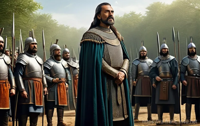 프랑스 왕조 계보 및 특징 - **Prompt:** A majestic depiction of Clovis I, a Merovingian king, standing amidst a gathering of Fra...