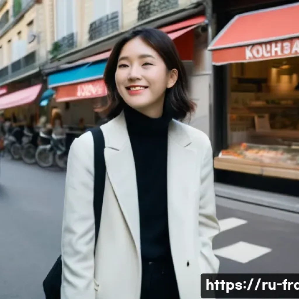 프랑스에서 한인 커뮤니티 활동 - **Prompt:** A young Korean woman, in her early twenties, stands on a charming, bustling Parisian str...