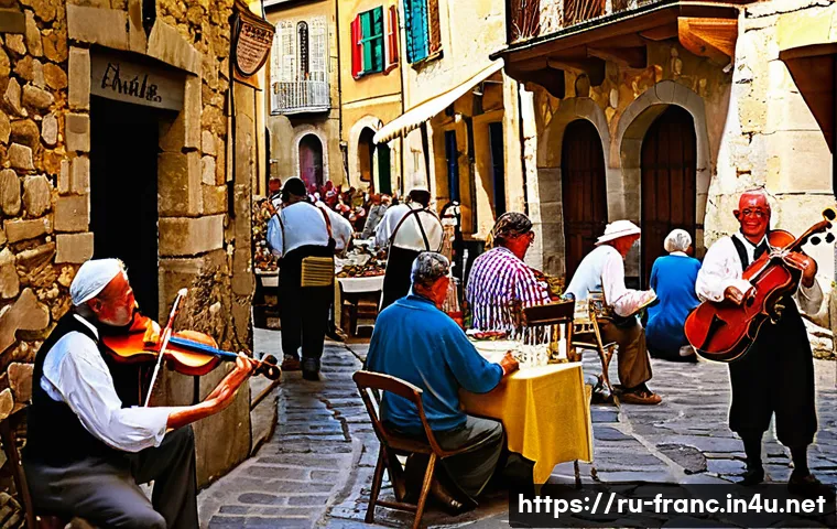 프랑스의 전통 축제와 행사 - A vibrant medieval French market scene set in a sunny Provençal village square, bustling with people...