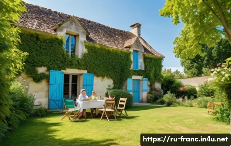 프랑스 부동산 시장 트렌드 - A serene countryside scene near a small French town like Angers or Périgueux, featuring a cozy two-s...