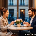 Home 22 프랑스에서 연애 문화 및 데이트 팁 - A cozy French café interior in the evening, featuring a small round table with two chairs by a windo...
