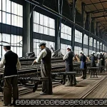 Home 21 프랑스 산업혁명과 경제 변화 - A detailed 19th-century French industrial factory scene showing workers in period-appropriate clothi...