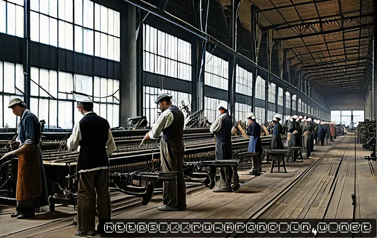 프랑스 산업혁명과 경제 변화 - A detailed 19th-century French industrial factory scene showing workers in period-appropriate clothi...