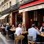 Home 20 프랑스어 기초 회화 표현 - A lively French café scene set in a bustling Parisian street during the afternoon, featuring a diver...