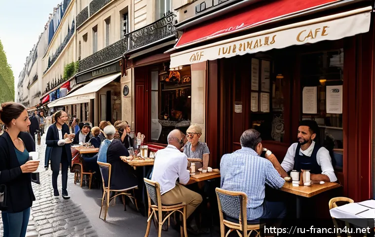 프랑스어 기초 회화 표현 - A lively French café scene set in a bustling Parisian street during the afternoon, featuring a diver...