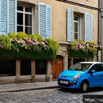 Home 19 프랑스 렌터카 이용 시 주의점 - A compact hatchback car parked on a narrow cobblestone street in a historic French town, surrounded ...
