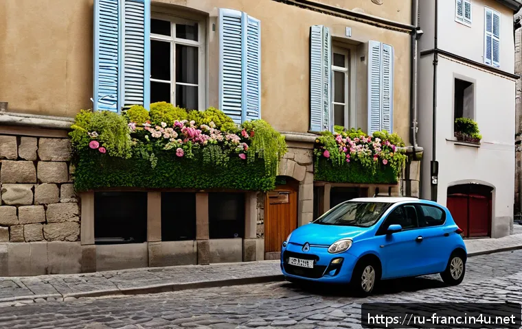 프랑스 렌터카 이용 시 주의점 - A compact hatchback car parked on a narrow cobblestone street in a historic French town, surrounded ...
