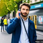 Home 18 프랑스에서 비상 연락처 및 도움받는 방법 - A detailed scene showing a calm tourist speaking on a smartphone in a busy Paris street near a metro...