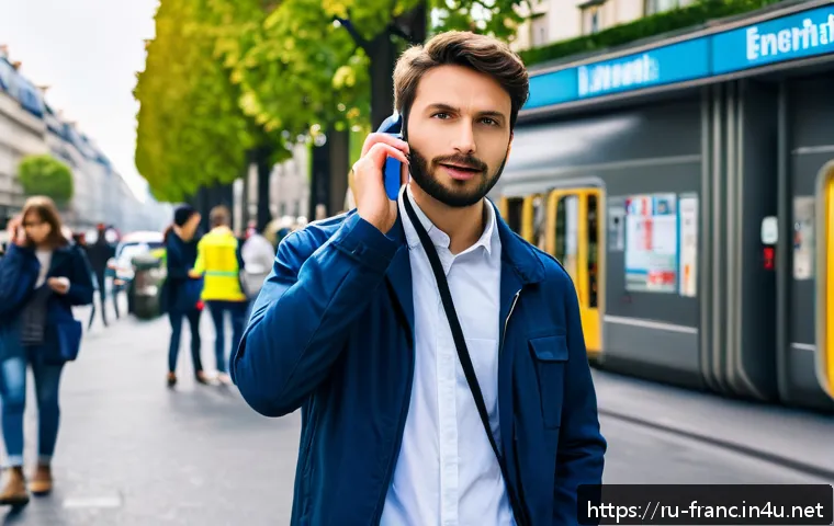 프랑스에서 비상 연락처 및 도움받는 방법 - A detailed scene showing a calm tourist speaking on a smartphone in a busy Paris street near a metro...