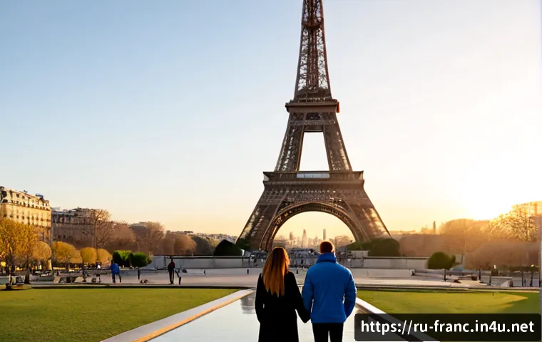 Home 17 프랑스 파리 여행 필수 코스 - Photorealistic sunrise view of the Eiffel Tower from Trocadéro Gardens, elegant Russian-speaking cou...