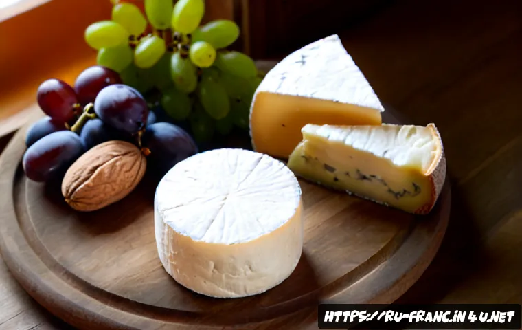 Home 17 프랑스 치즈 종류 및 맛 비교 - Photorealistic overhead comparison of four classic French cheese styles on a rustic wooden tasting b...