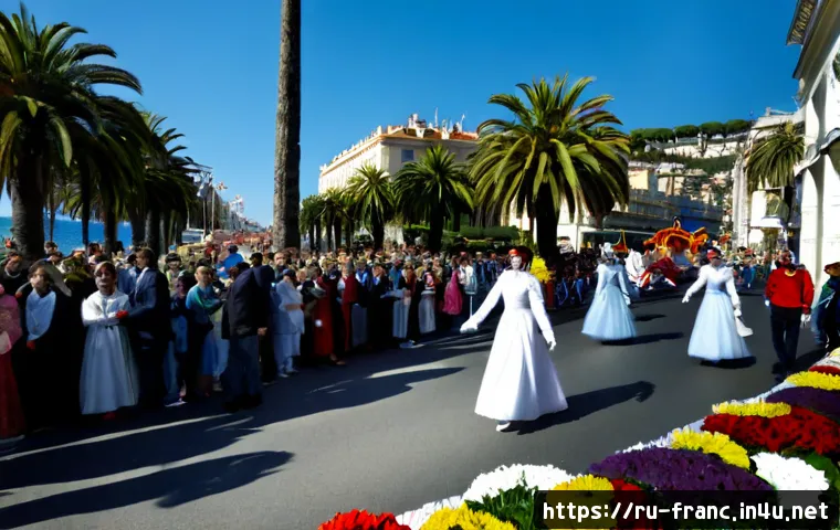 Home 17 니스 카니발과 퍼레이드 일정 - Photorealistic wide-angle scene of the Nice Carnival parade on the French Riviera, elegant flower-co...